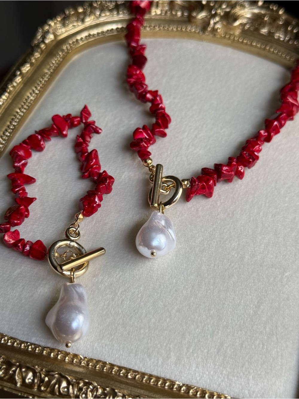 Gold Toggle Red Chip Necklace & Bracelet Set with White Baroque Pearls